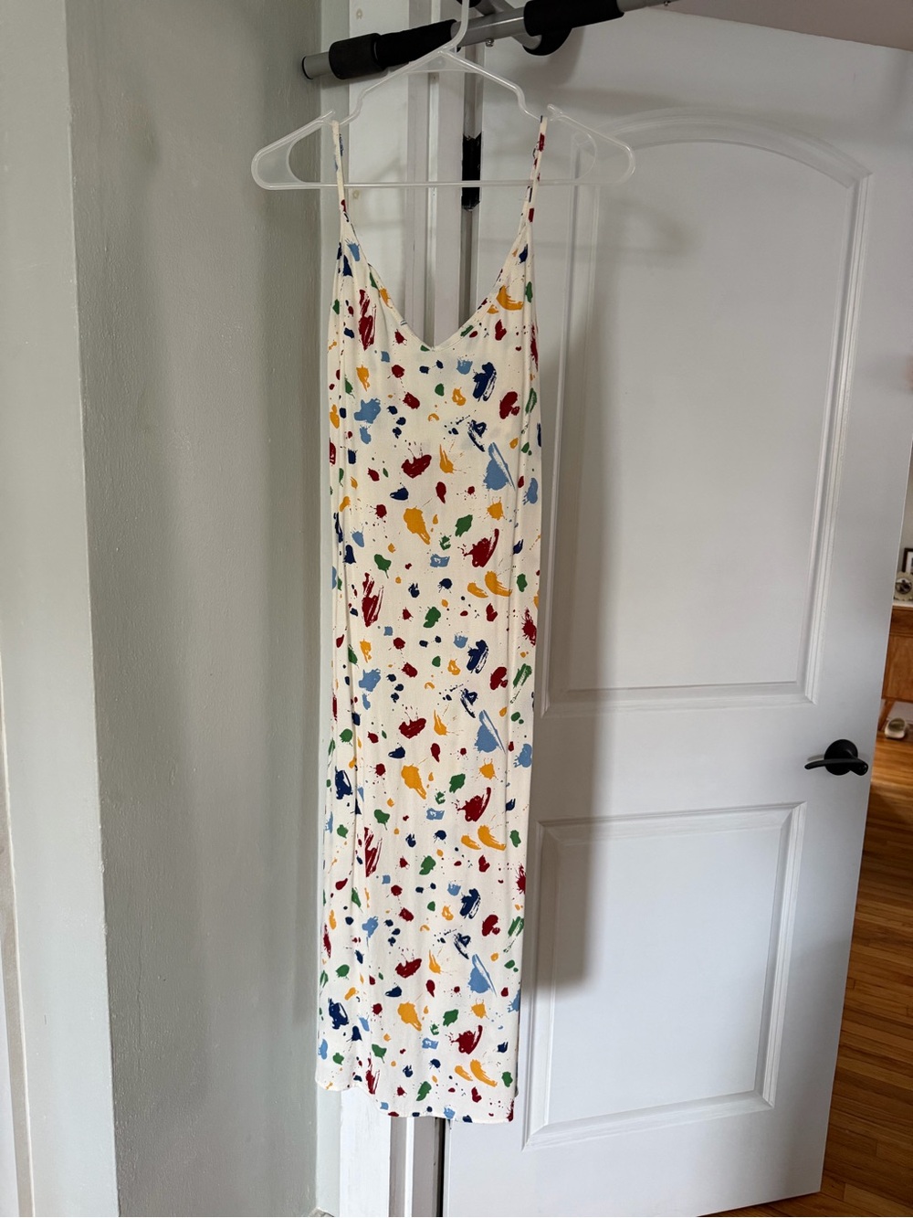 Reformation Cream Slip Maxi Dress with Multicolor Paint-Splash Print